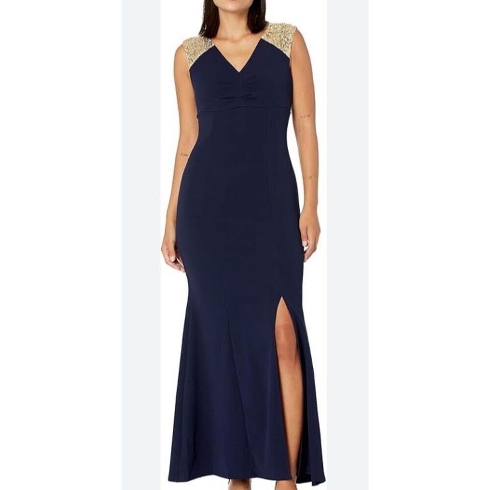 SLNY sleeveless navy bodycon gown with gold shoulder accents - 12